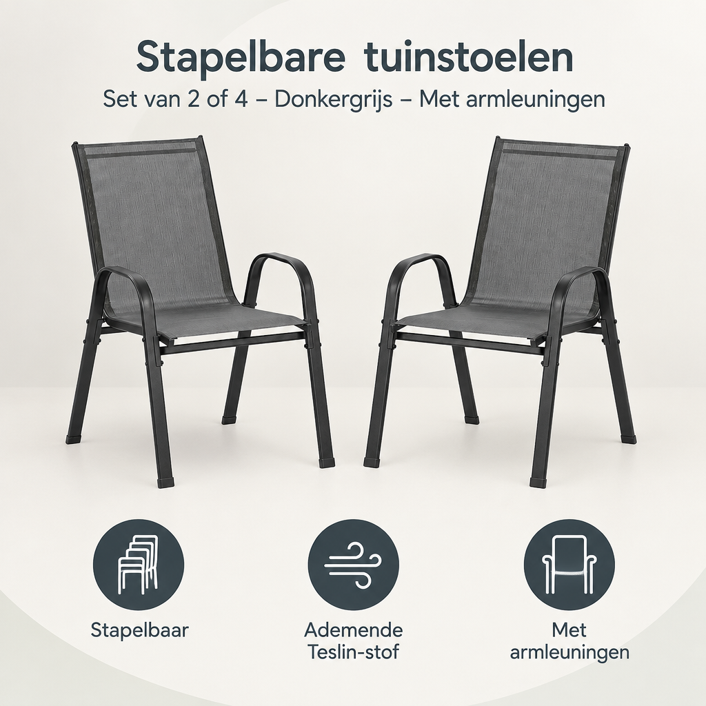 Overzicht van stapelbare tuinstoelen met de belangrijkste productvoordelen