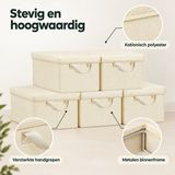 Detail van materiaal en afwerking van stoffen opbergboxen met deksel