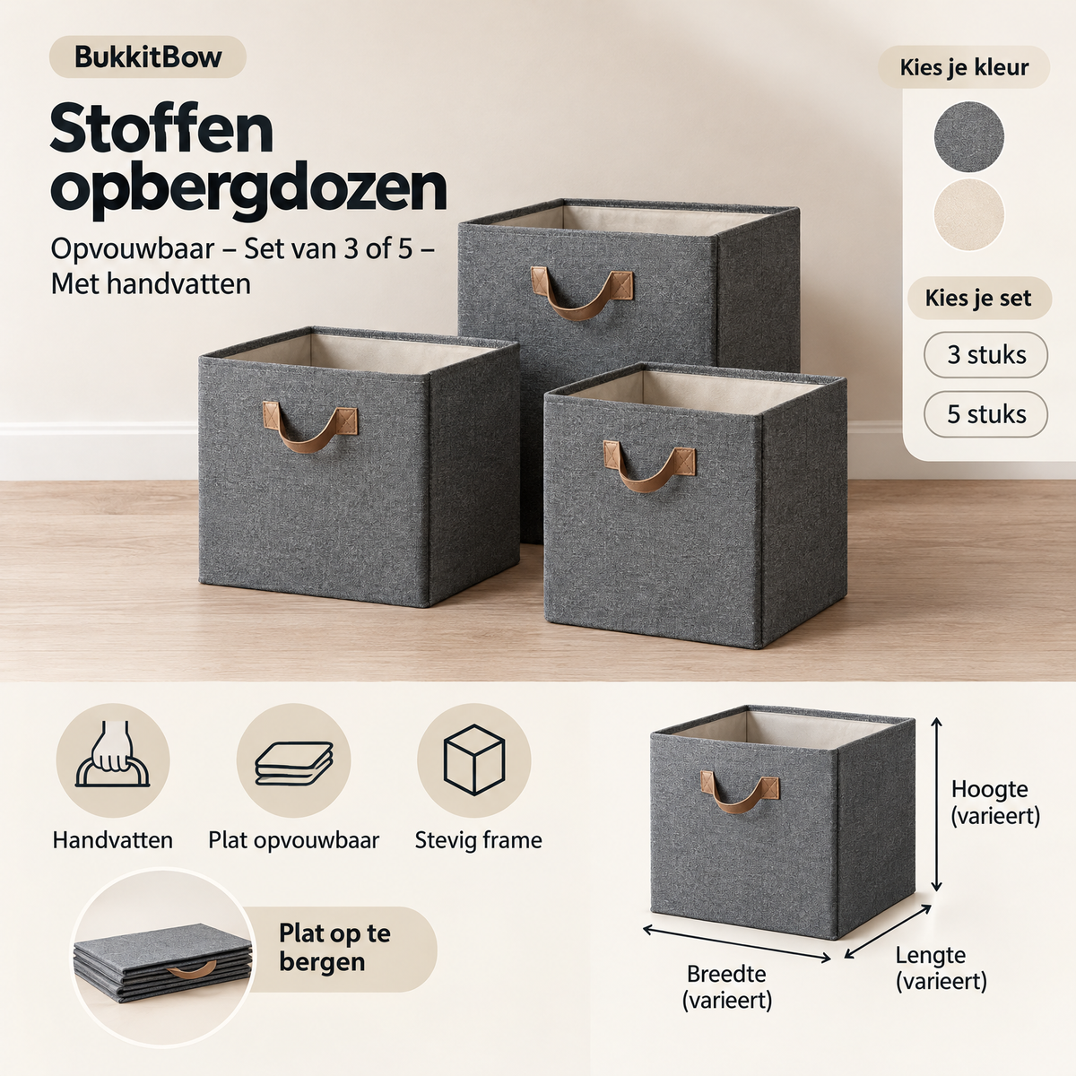 Set van 3 of 5 opvouwbare stoffen opbergdozen met handvatten van BukkitBow, ideaal voor organiseren en opbergen.