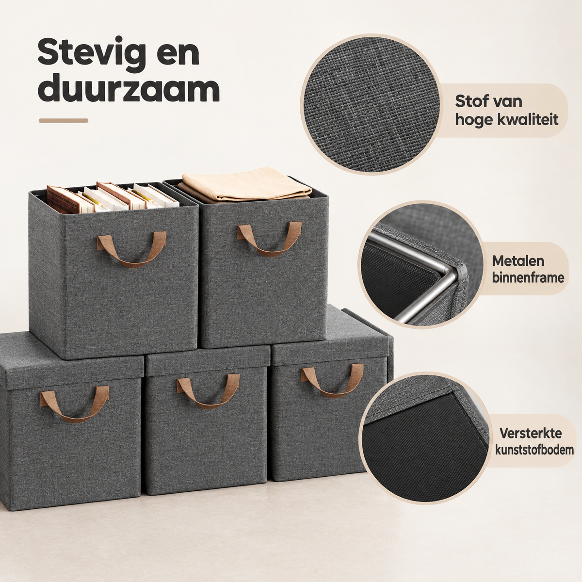 Detail van materiaal en afwerking van stoffen opbergdozen met deksel
