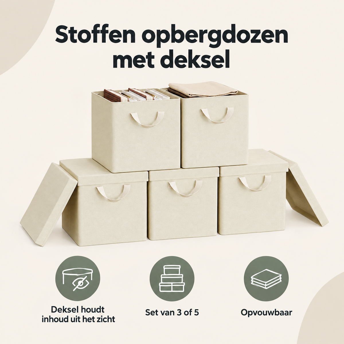 Overzicht van stoffen opbergdozen met deksel met de belangrijkste productvoordelen