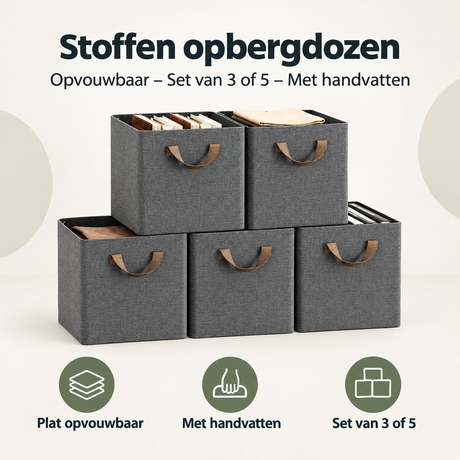 Set van 3 of 5 opvouwbare stoffen opbergdozen met handvatten van BukkitBow, geschikt voor netjes opbergen en organisatie.