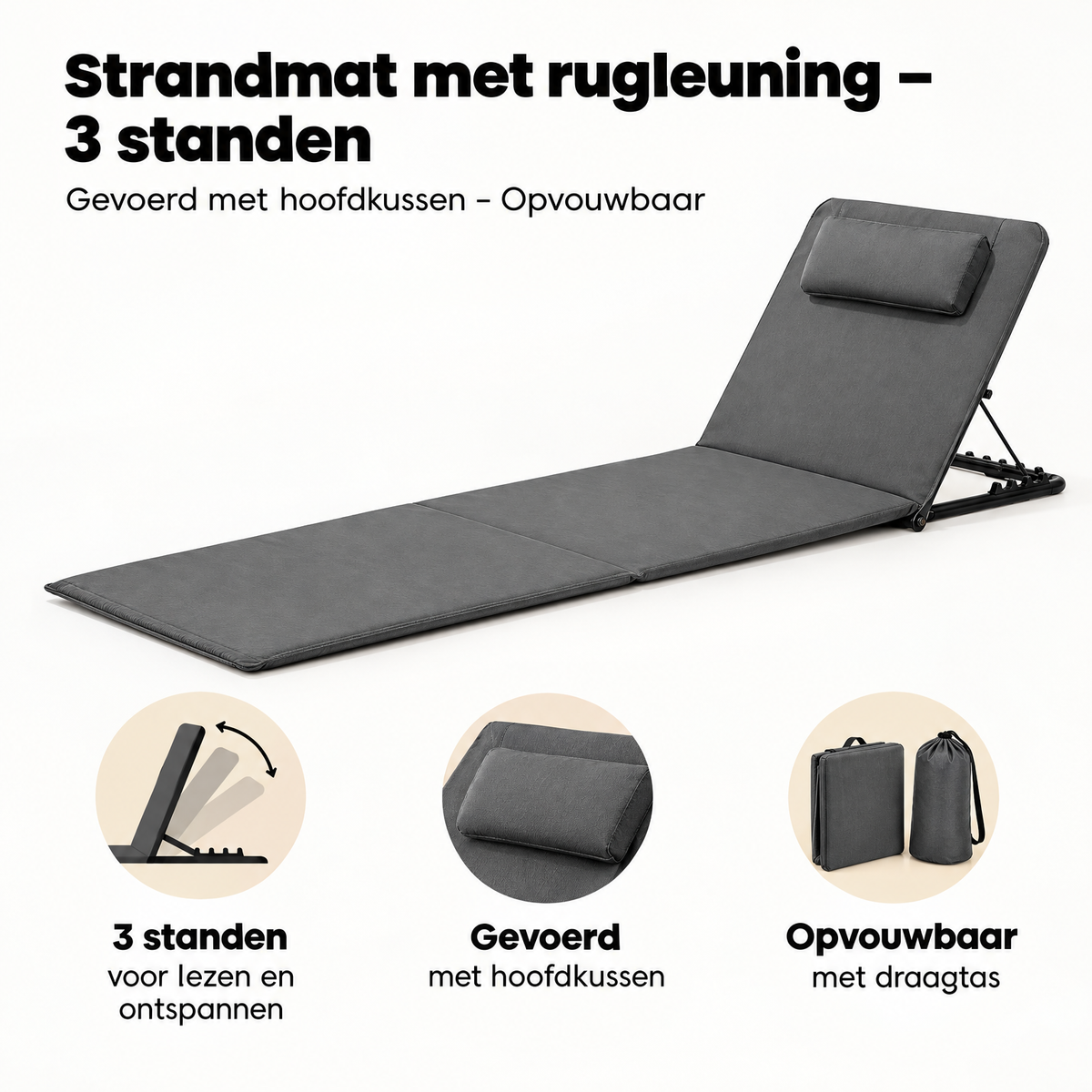 BukkitBow strandmat met rugleuning, 3 standen, gevoerd met hoofdkussen en opvouwbaar voor comfortabel relaxen.