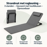 BukkitBow strandmat met rugleuning, 3 standen, gevoerd met hoofdkussen, opvouwbaar en comfortabel voor op het strand