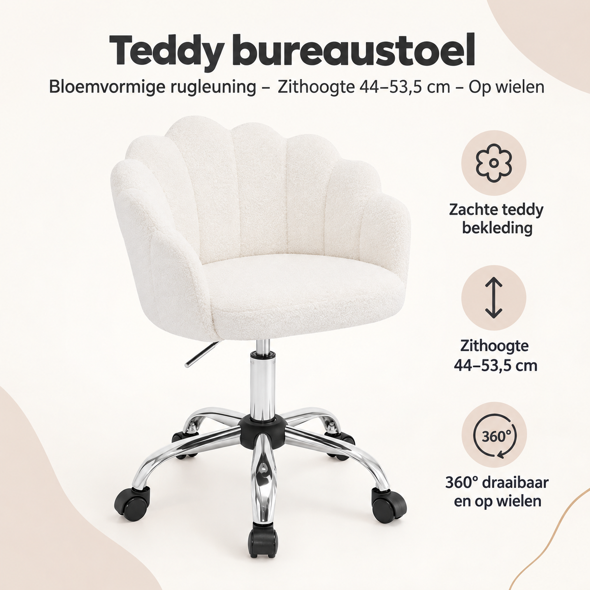 Overzicht van teddy bureaustoel met de belangrijkste productvoordelen