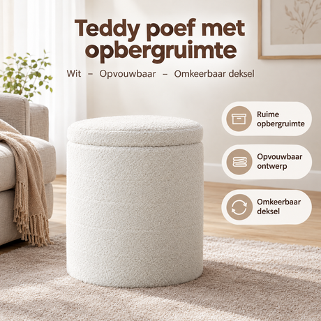 Witte opbergpoef van BukkitBow met teddy-ontwerp, opvouwbaar, omkeerbaar deksel en praktische opbergruimte.