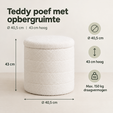 Witte opbergpoef met teddy-ontwerp van BukkitBow, opvouwbaar en omkeerbaar deksel, multifunctioneel zit- en opbergruimte.