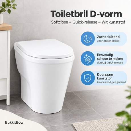 Witte toiletbril in D-vorm van BukkitBow, softclose, quick-release, kunststof voor comfortabel gebruik.