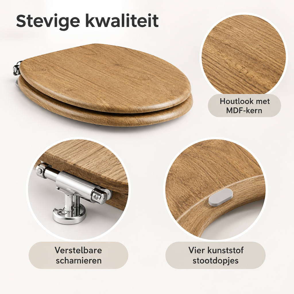 Detail van materiaal en afwerking van toiletbril met softclose
