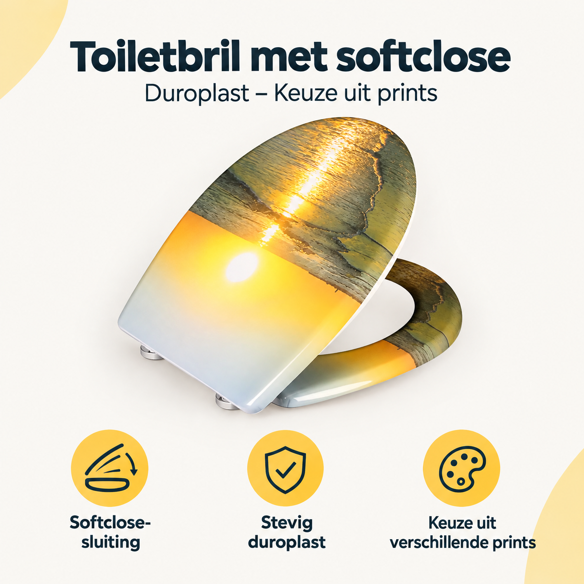Overzicht van toiletbril met softclose met de belangrijkste productvoordelen