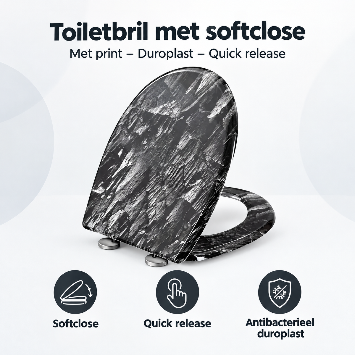 Overzicht van toiletbril met softclose met de belangrijkste productvoordelen