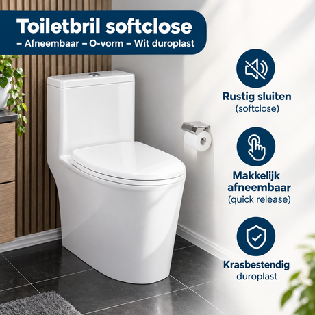 Witte softclose toiletbril van BukkitBow, afneembaar en O-vorm, gemaakt van duroplast, geschikt voor comfortabel gebruik