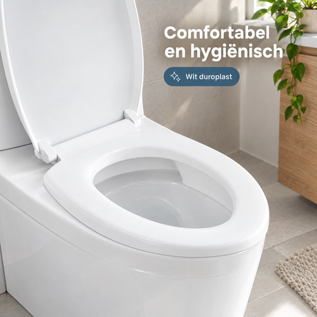 Witte BukkitBow softclose toiletbril met afneembare O-vorm, gemaakt van duroplast, op een badkamer bevestigd en in gebruik.