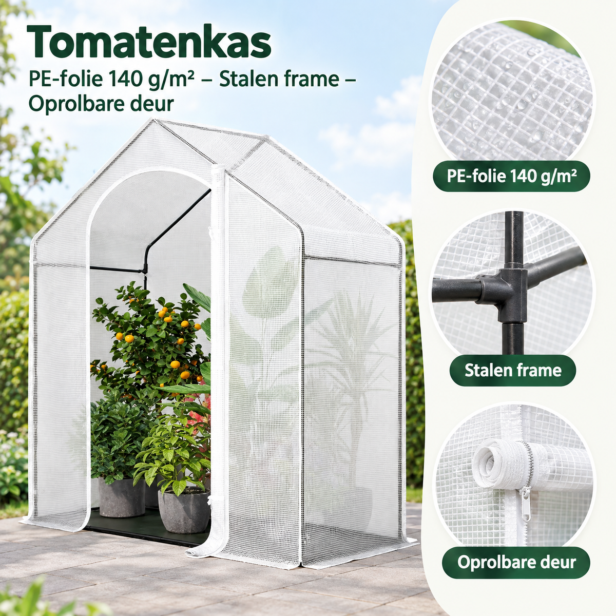 Detail van materiaal en afwerking van tomatenkas