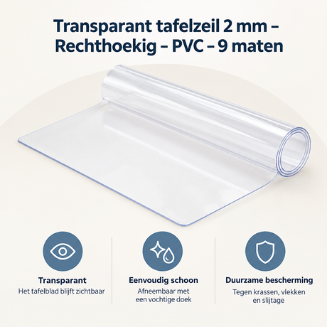 Transparant tafelzeil van BukkitBow, 2 mm dik, rechthoekig, PVC, overzicht met 9 maten voor bescherming en decoratie.