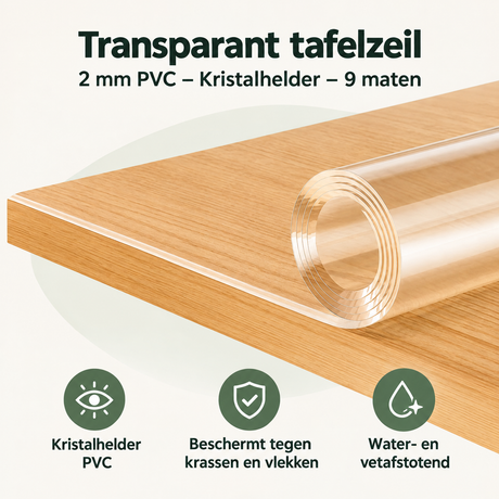 Transparant BukkitBow tafelzeil van 2 mm PVC, kristalhelder, overzicht van 9 maten voor bescherming en decoratie.