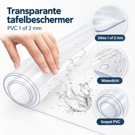 Detail van materiaal en afwerking van transparante tafelbeschermer