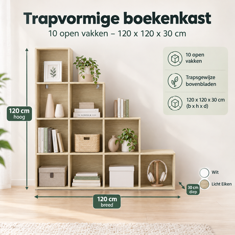Afmetingen en productspecificaties van trapvormige boekenkast