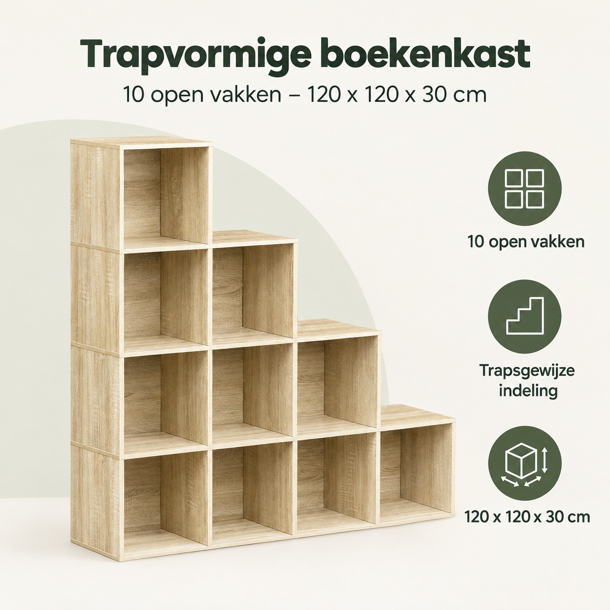 Overzicht van trapvormige boekenkast met de belangrijkste productvoordelen
