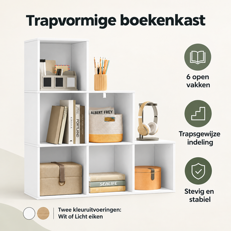 Overzicht van trapvormige boekenkast met de belangrijkste productvoordelen