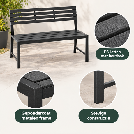 Detail van materiaal en afwerking van tuinbank zwart