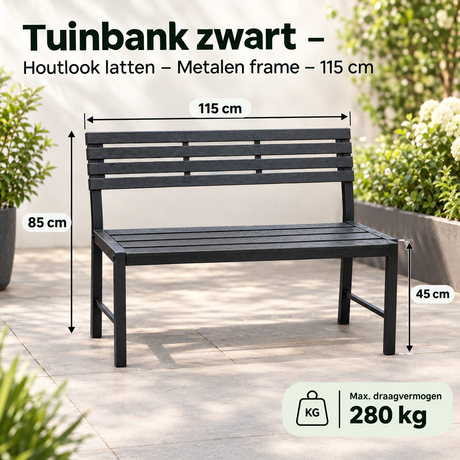 Afmetingen en productspecificaties van tuinbank zwart