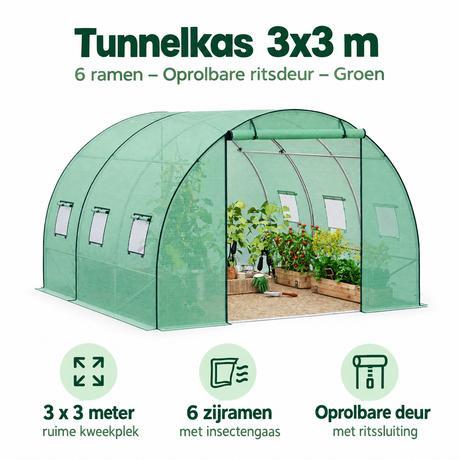 Groene BukkitBow tunnelkas 3x3 m met 6 ramen en oprolbare ritsdeur, geschikt voor tuinplanten en bescherming.