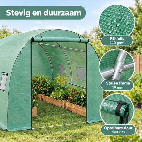 Groene BukkitBow tunnelkas van 3x3 m met 6 ramen en oprolbare ritsdeur, geschikt voor tuinplanten en beschermende kweekkas