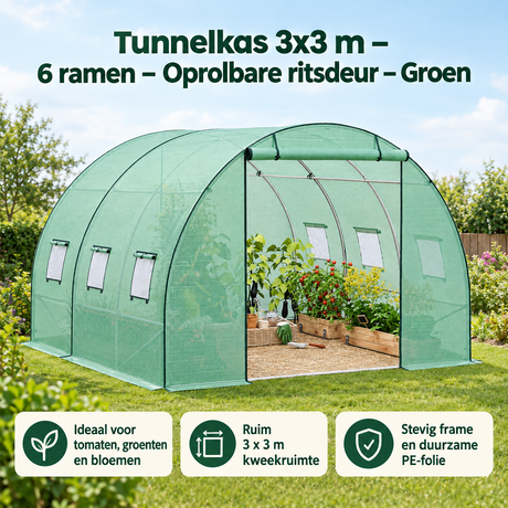 Groene BukkitBow tunnelkas 3x3 meter met 6 ramen en oprolbare ritsdeur voor tuinplanten en tuinonderhoud.