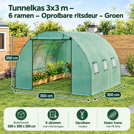 Groene BukkitBow tunnelkas van 3x3 meter met 6 ramen en oprolbare ritsdeur, geschikt voor tuin en plantbescherming.