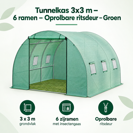 Groene BukkitBow tunnelkas 3x3 m met 6 ramen en oprolbare ritsdeur voor bescherming en plantverzorging.
