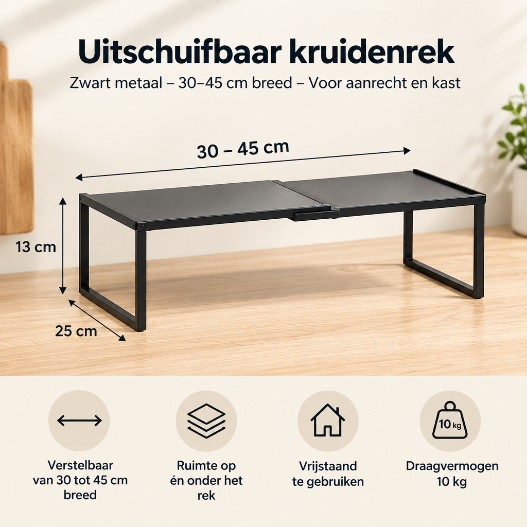 Afmetingen en productspecificaties van uitschuifbaar kruidenrek