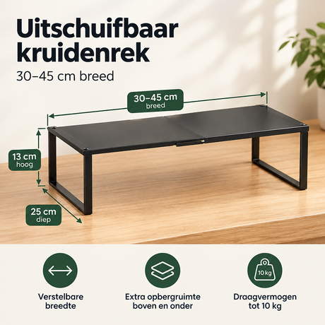 Uitschuifbaar kruidenrek van zwart metaal, 30-45 cm breed, geschikt voor aanrecht of kast, voor het organiseren van kruiden.