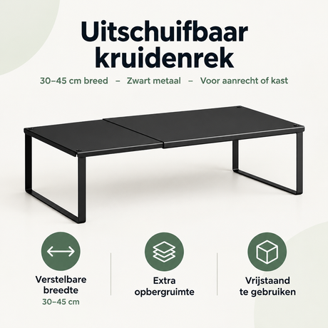 Uitschuifbaar kruidenrek van BukkitBow, zwart metaal, 30-45 cm breed, geschikt voor aanrecht of kast, overzicht van voordelen.