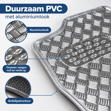 Universele autobedekking automatten van PVC met aluminiumlook, antislip, set van 4, geschikt voor diverse voertuigen.