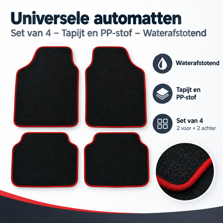 Set van 4 universele automatten van tapijt en PP-stof, waterafstotend, geschikt voor verschillende autotypen.
