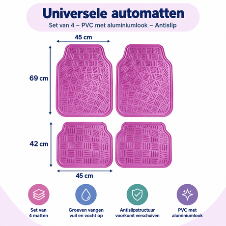 Set van 4 universele automatten van PVC met aluminiumlook en antislip, passend voor verschillende auto’s van BukkitBow