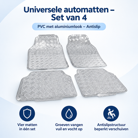 Set van 4 universele automatten van PVC met aluminiumlook en antislip, geschikt voor verschillende auto’s, door BukkitBow