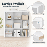Detail van materiaal en afwerking van vakkenkast 9 vakken