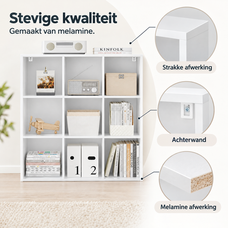 Detail van materiaal en afwerking van vakkenkast 9 vakken