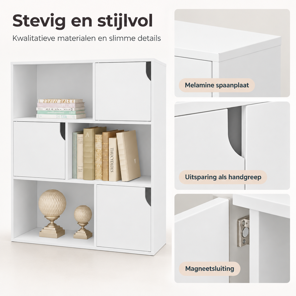 Detail van materiaal en afwerking van vakkenkast met 6 vakken
