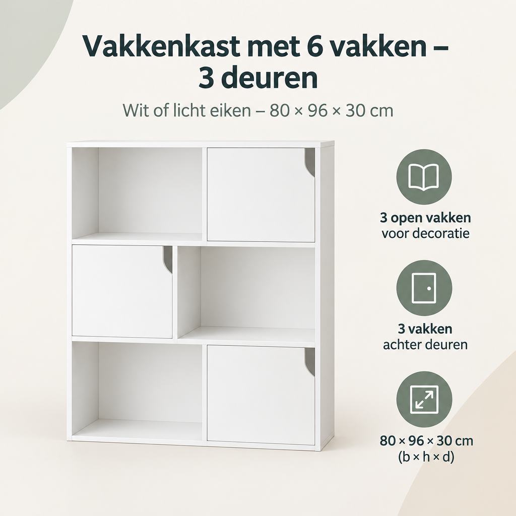 Overzicht van vakkenkast met 6 vakken met de belangrijkste productvoordelen