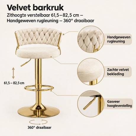 Detail van materiaal en afwerking van velvet barkruk