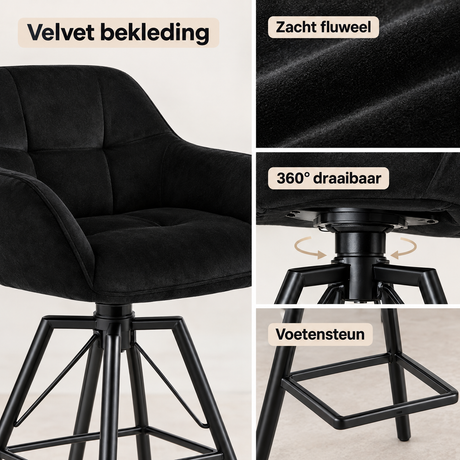 Detail van materiaal en afwerking van velvet barkrukken