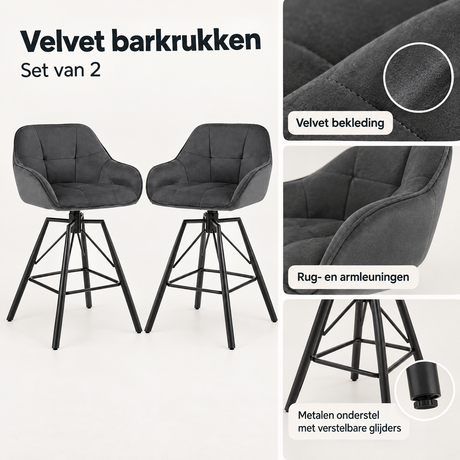 Detail van materiaal en afwerking van velvet barkrukken