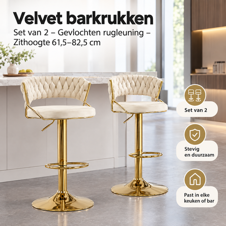 Set van 2 velvet barkrukken met gevlochten rugleuning en verstelbare zithoogte van 61,5 tot 82,5 cm, door BukkitBow.
