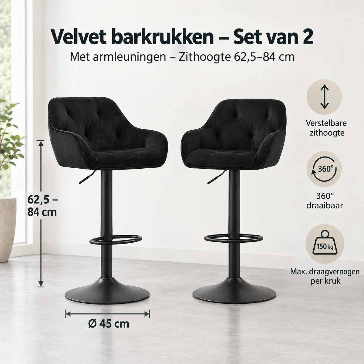 Afmetingen en productspecificaties van velvet barkrukken
