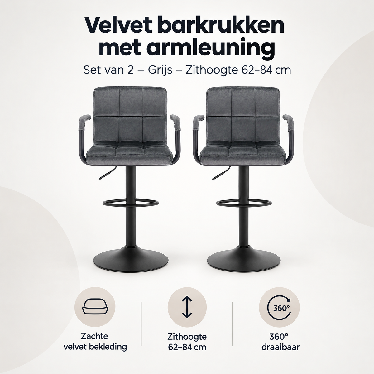 Overzicht van velvet barkrukken met armleuning met de belangrijkste productvoordelen