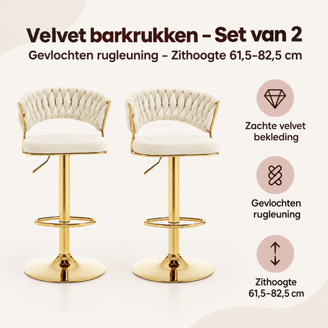 Set van 2 velvet barkrukken met gevlochten rugleuning, zithoogte 61,5-82,5 cm, stijlvolle barstoelen van BukkitBow
