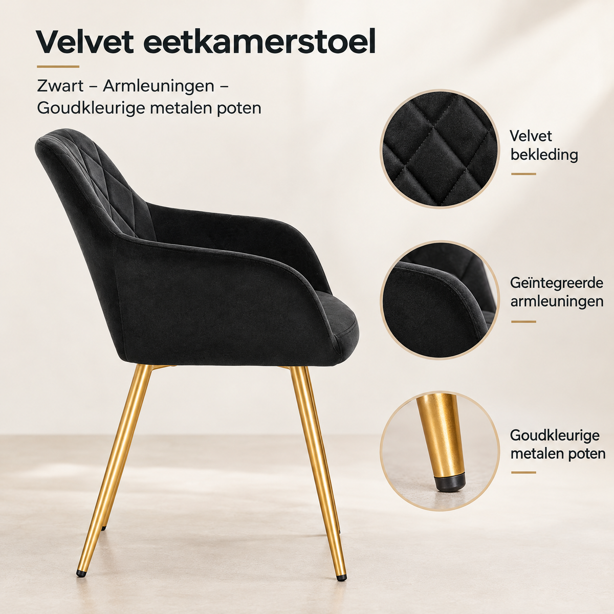 Detail van materiaal en afwerking van velvet eetkamerstoel